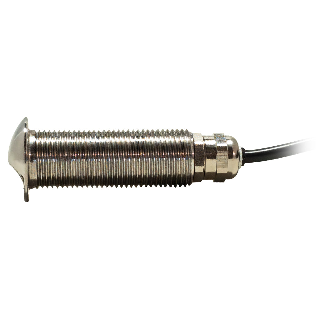 Threaded marine LED step light in stainless steel housing with its LED light off detailed side view on a white background