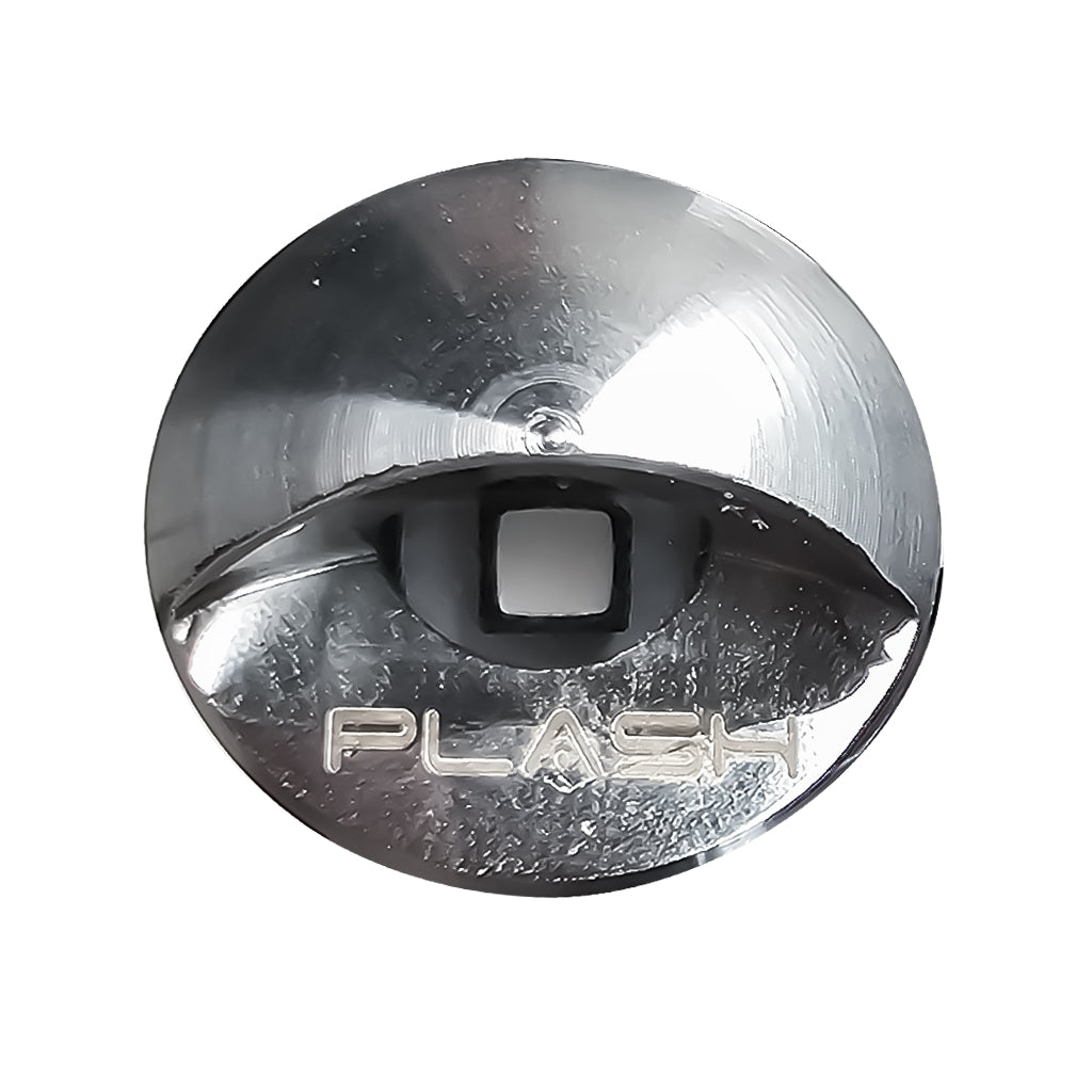 Threaded marine LED step light in stainless steel housing with its LED light off detailed front view on a white background