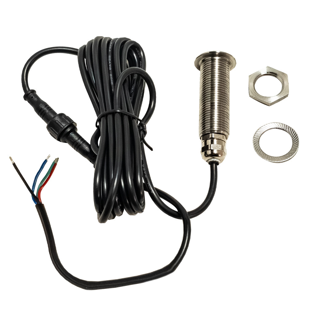 Threaded marine LED step light in stainless steel housing with its LED light off detailed view with accessories on a white background