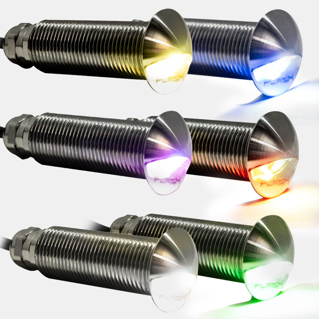 Six threaded marine LED step lights in stainless steel housings lit up with rgb colors on a white background