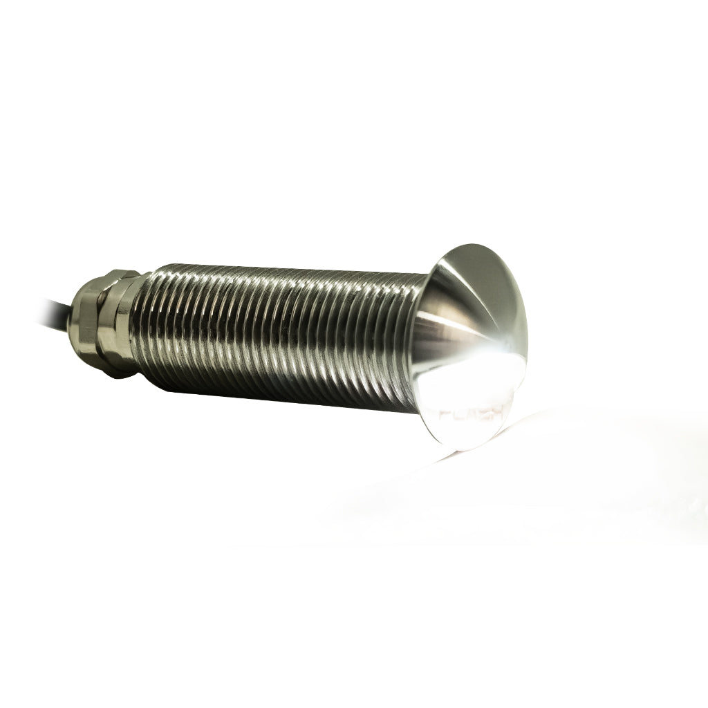 Threaded marine LED step light in Stainless Steel housing lit up with cool white color on a white background