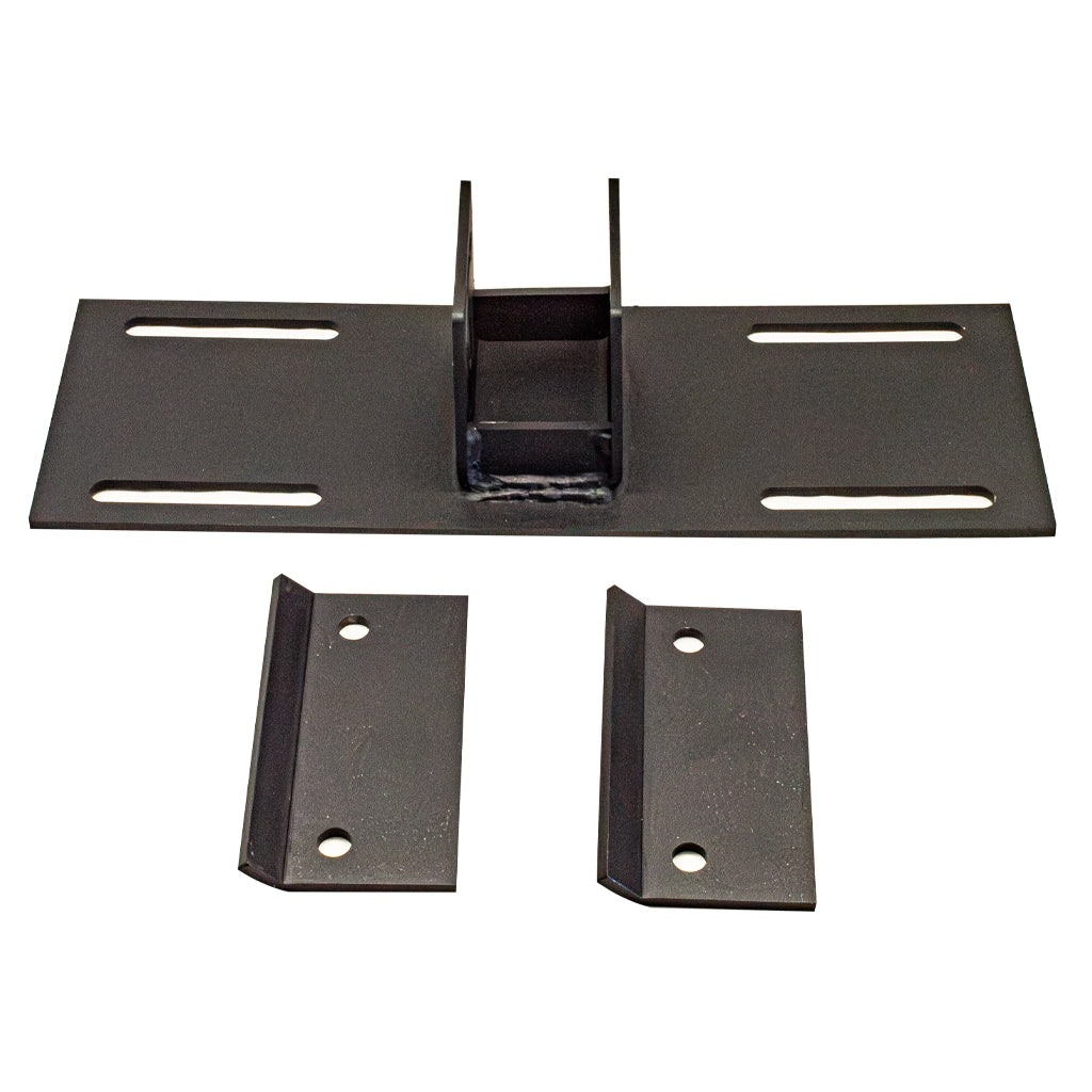 Black metal mounting bracket kit with a wide base plate, a central upright bracket, and two smaller bracket pieces, shown on a plain white background.