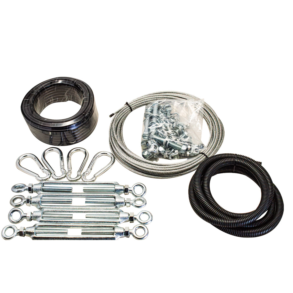 A metal cable and hardware kit laid out on a white background, including a black coiled cable, a silver wire coil with mounting hardware in a clear bag, several black clips, multiple silver tension rods with eye bolts, and a coiled black corrugated hose.