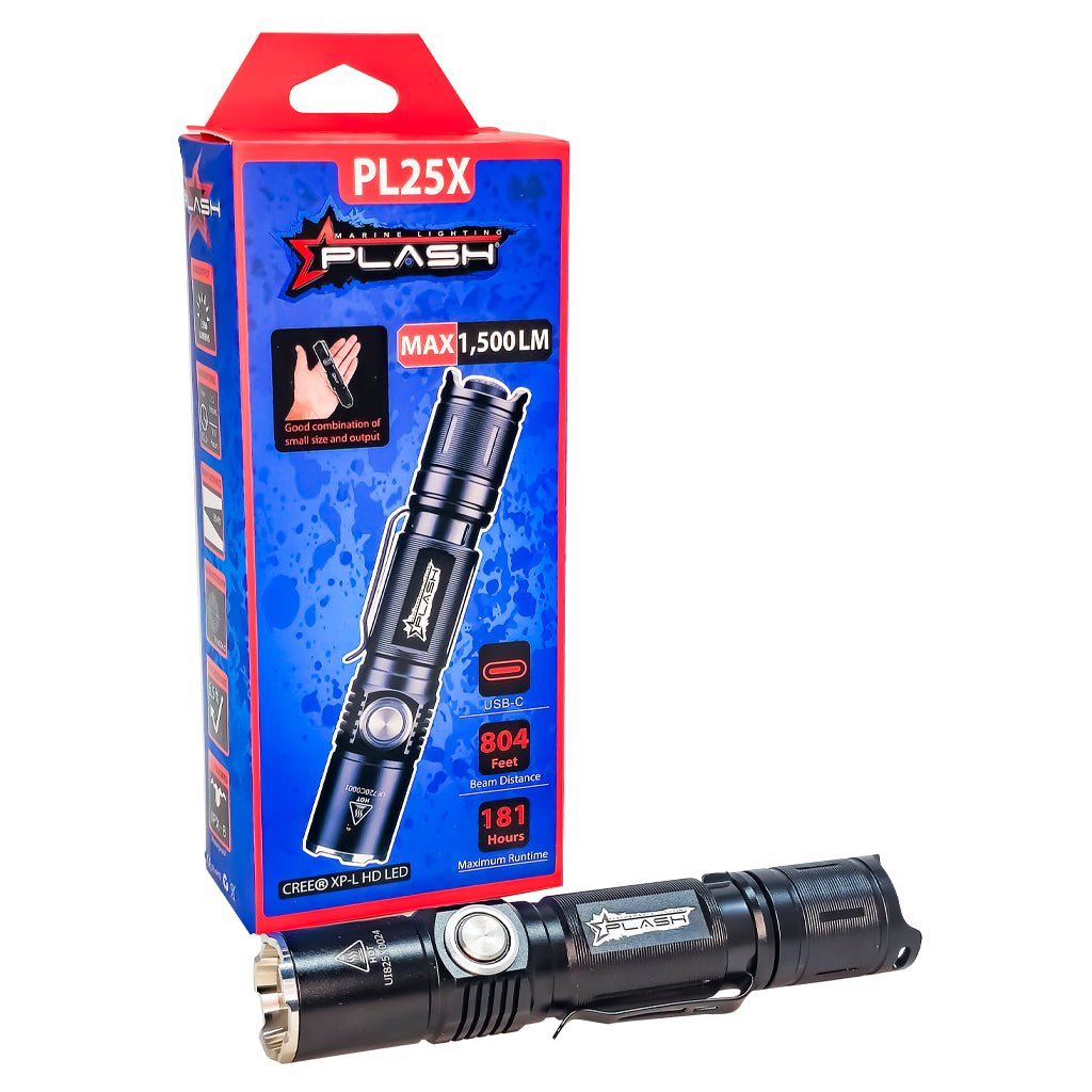 Black LED flashlight with PLASH branding and packaging on a white background