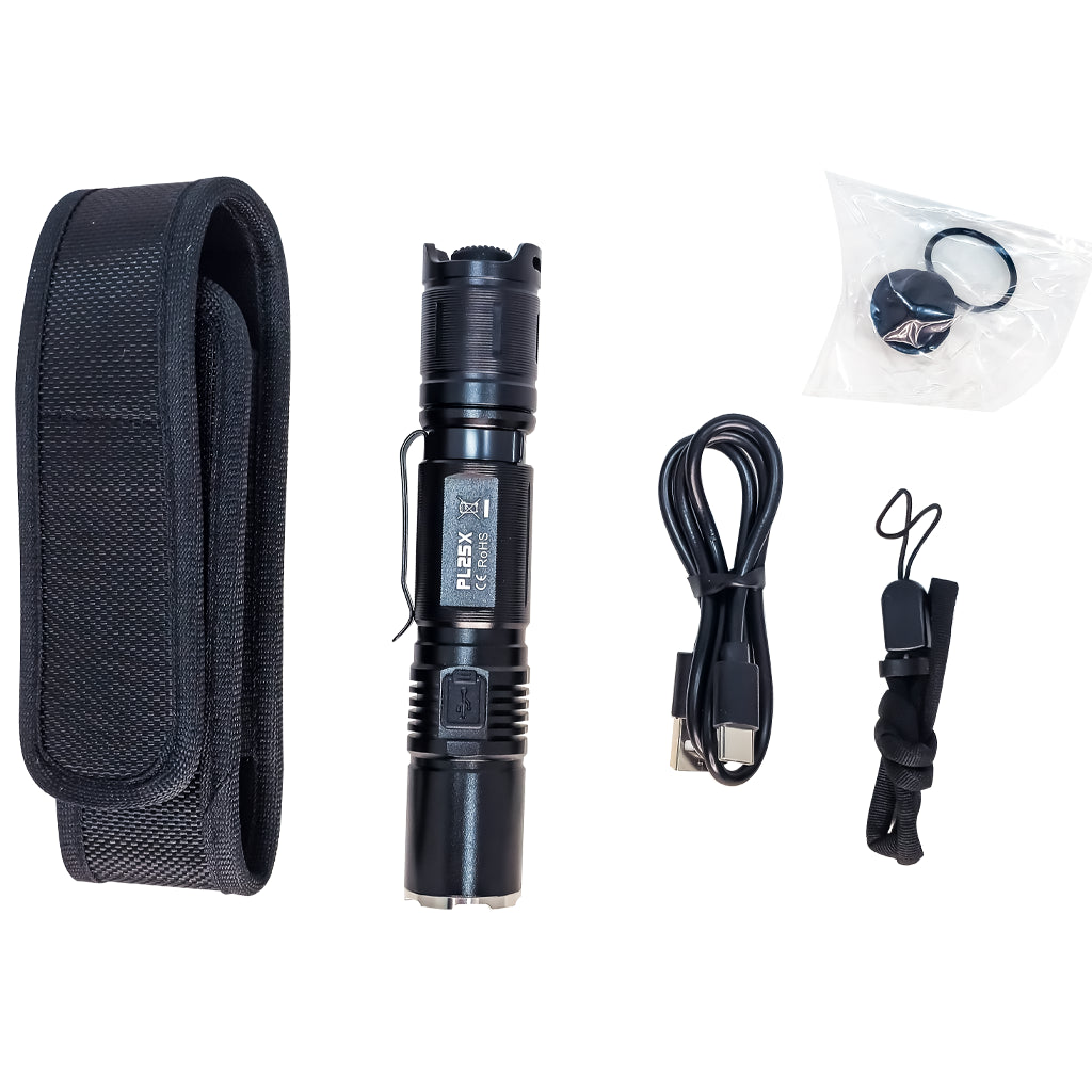 Black LED flashlight with PLASH branding and accessories including a USB 3.0 charging, cable, tether, and pouch on a white background.