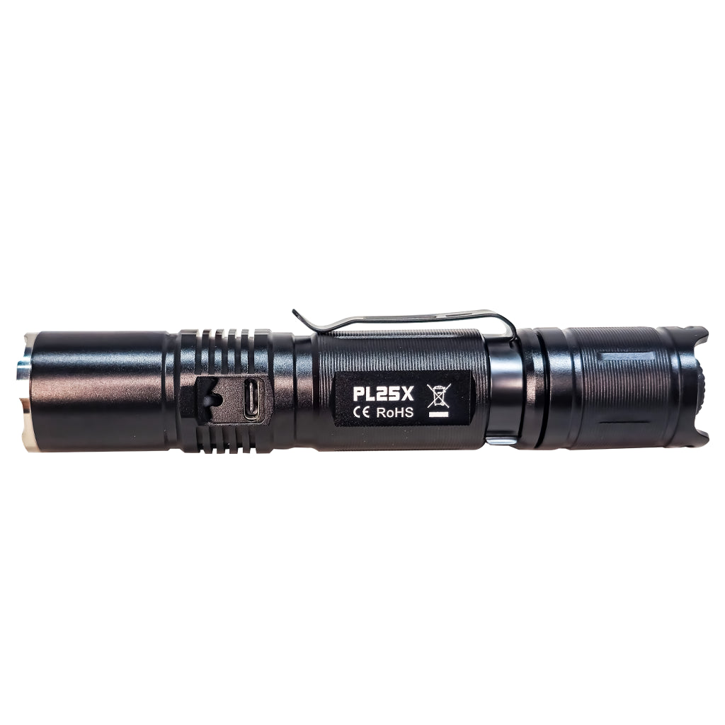 PL25X black LED flashlight with PLASH branding on a white background.