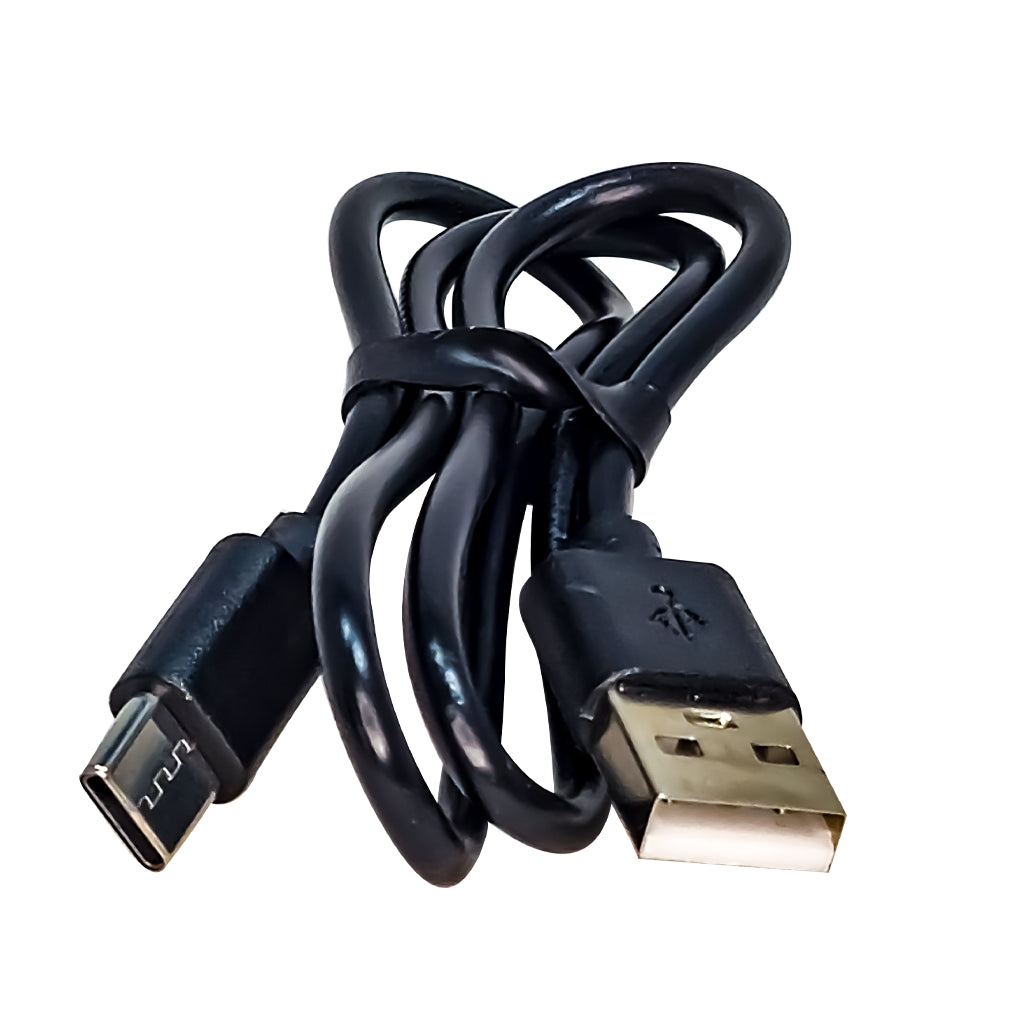 Black USB charging cable with one end being USB Type-C on a white background