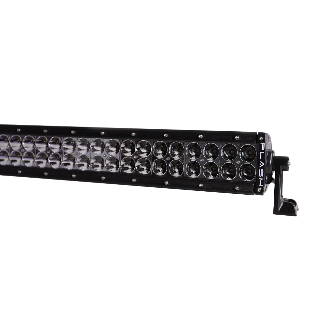 Plash branded IR-Series LED lightbar with black housing detail view of left front on white background.