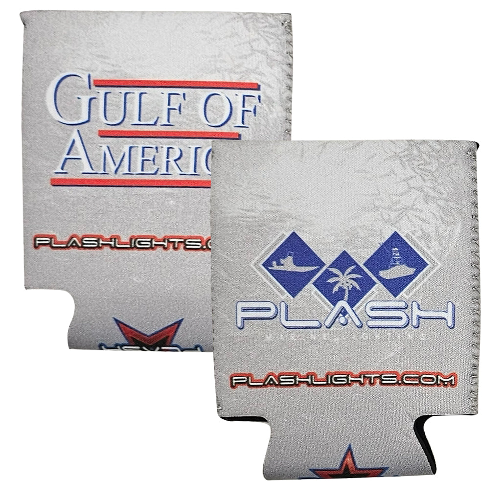 Two gray can coolers with 'Gulf of America' and 'PLASH' branding on a white background.