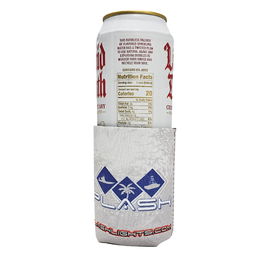 Can of beer with a white sleeve displaying 'Plash' branding on a white background