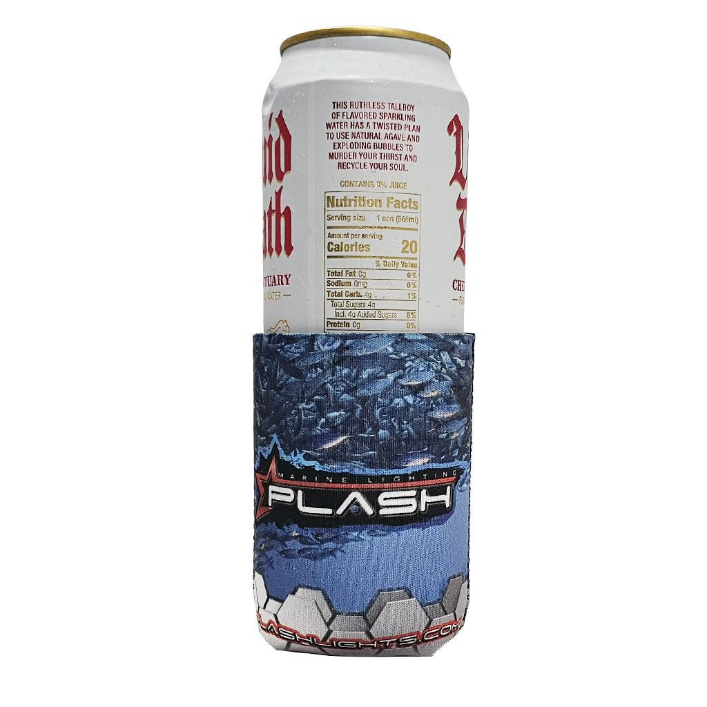 Can with a blue and gray can cooler labeled 'Plash' on a white background