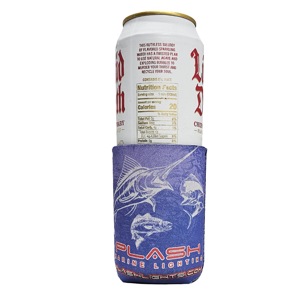 Can with a blue can cooler featuring fish graphics and 'Plash' branding on a white background