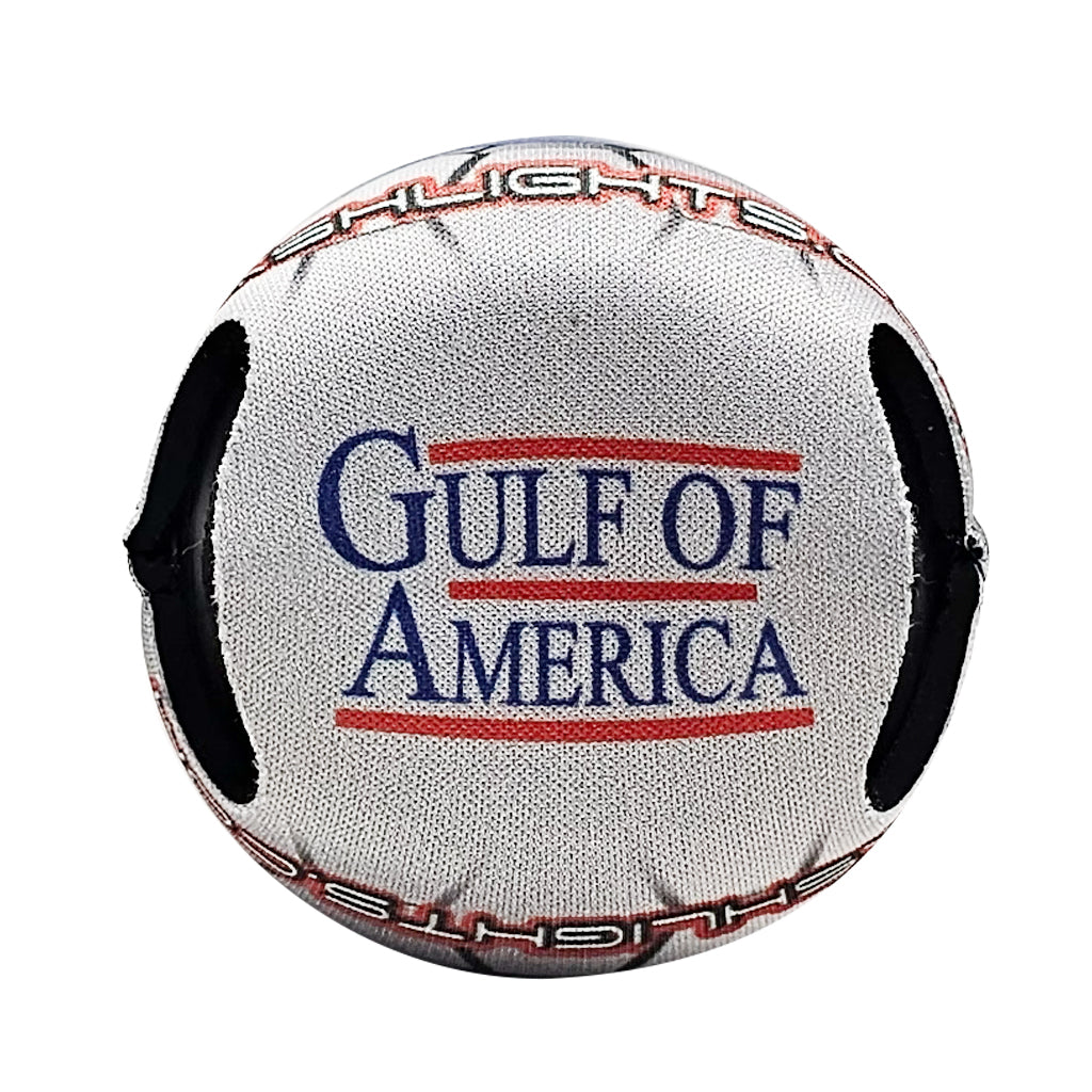 Gray can cooler with 'Gulf of America' branding on a white background