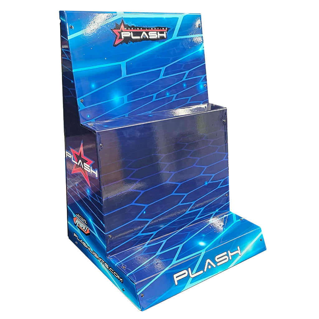 A blue Plash Marine Lighting Display with a futuristic digital design, featuring the brand name 'PLASH' on a white background