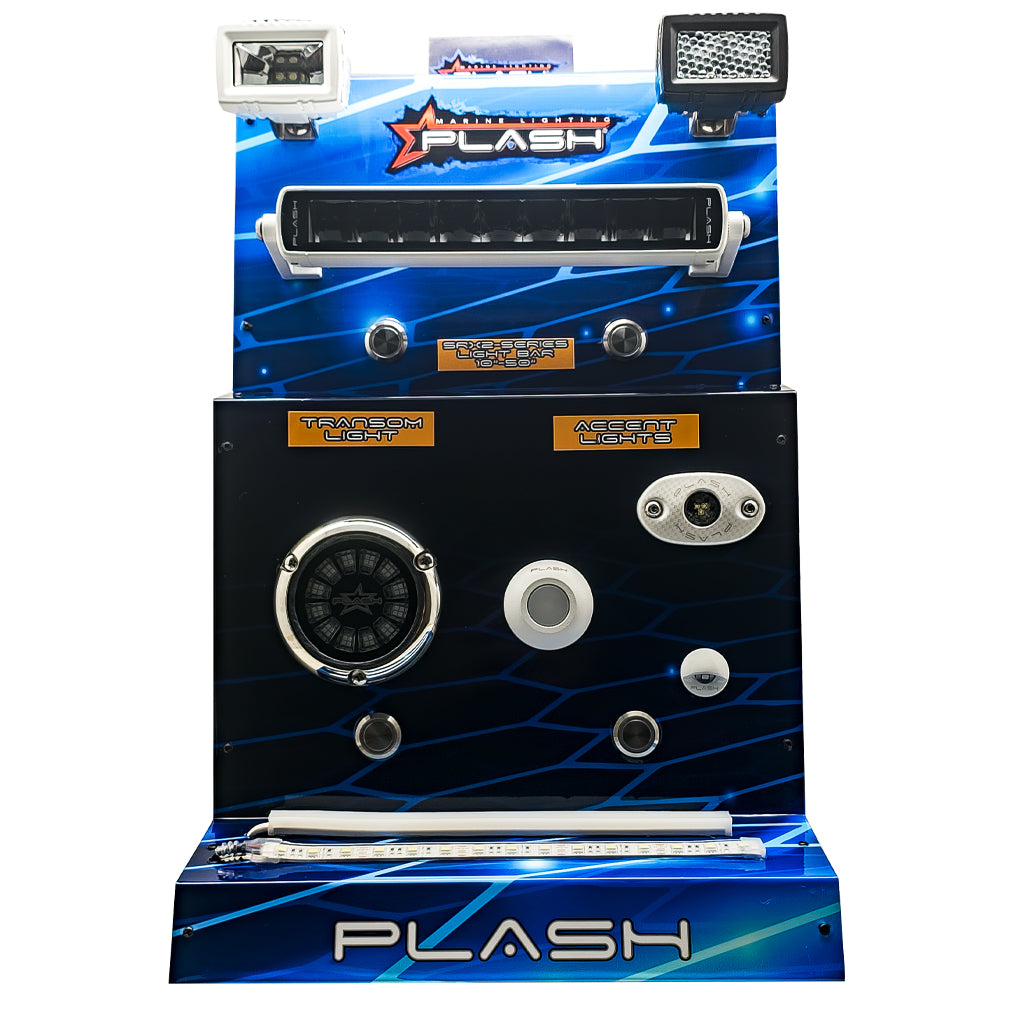 A blue Plash Marine Lighting Display with a futuristic digital design, featuring the brand name 'PLASH' on a white background. With several Plash products installed on the display.