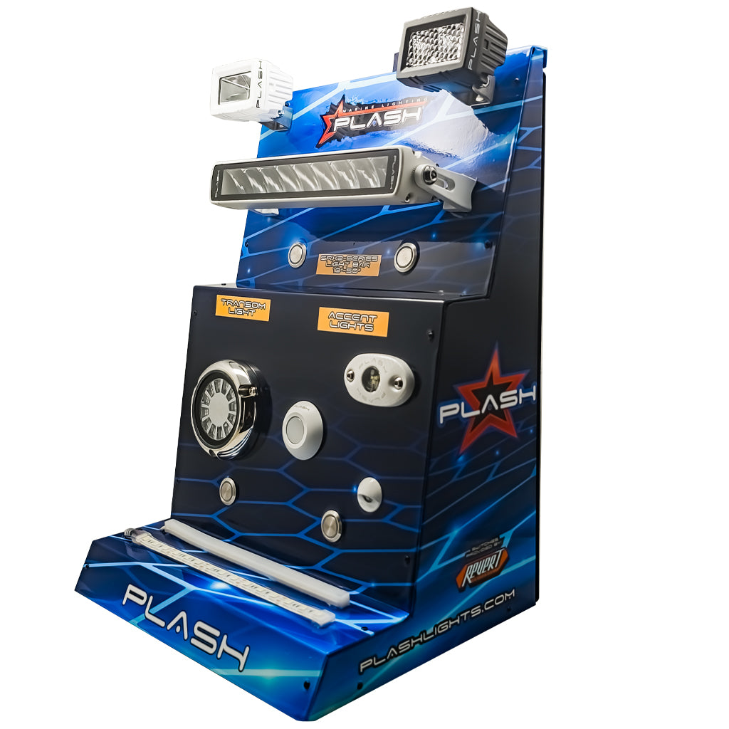 A blue Plash Marine Lighting Display with a futuristic digital design, featuring the brand name 'PLASH' on a white background. With several Plash products installed on the display.