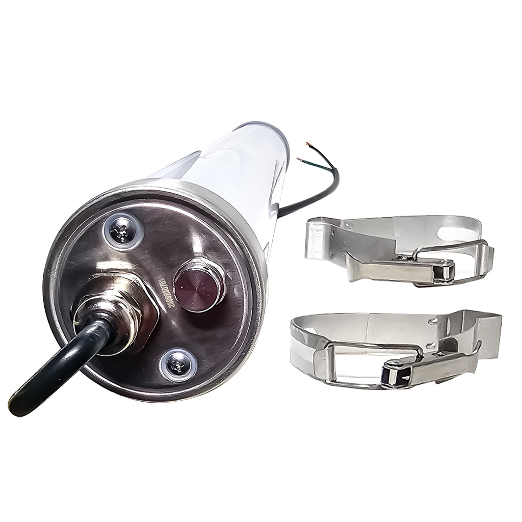 White cylindrical Tri proof LED light with metal connectors on a white background with mounting brackets