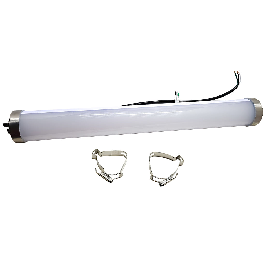 White cylindrical Tri proof LED light with metal connectors on a white background with mounting brackets