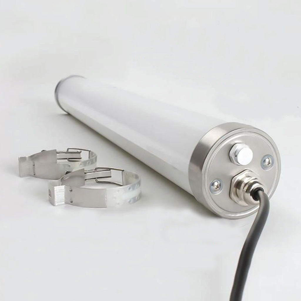 White cylindrical Tri proof marine LED light with stainless steel mounting clips