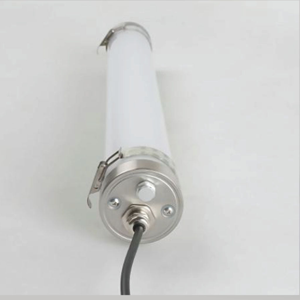 White cylindrical Tri proof LED light with metal connectors on a white background