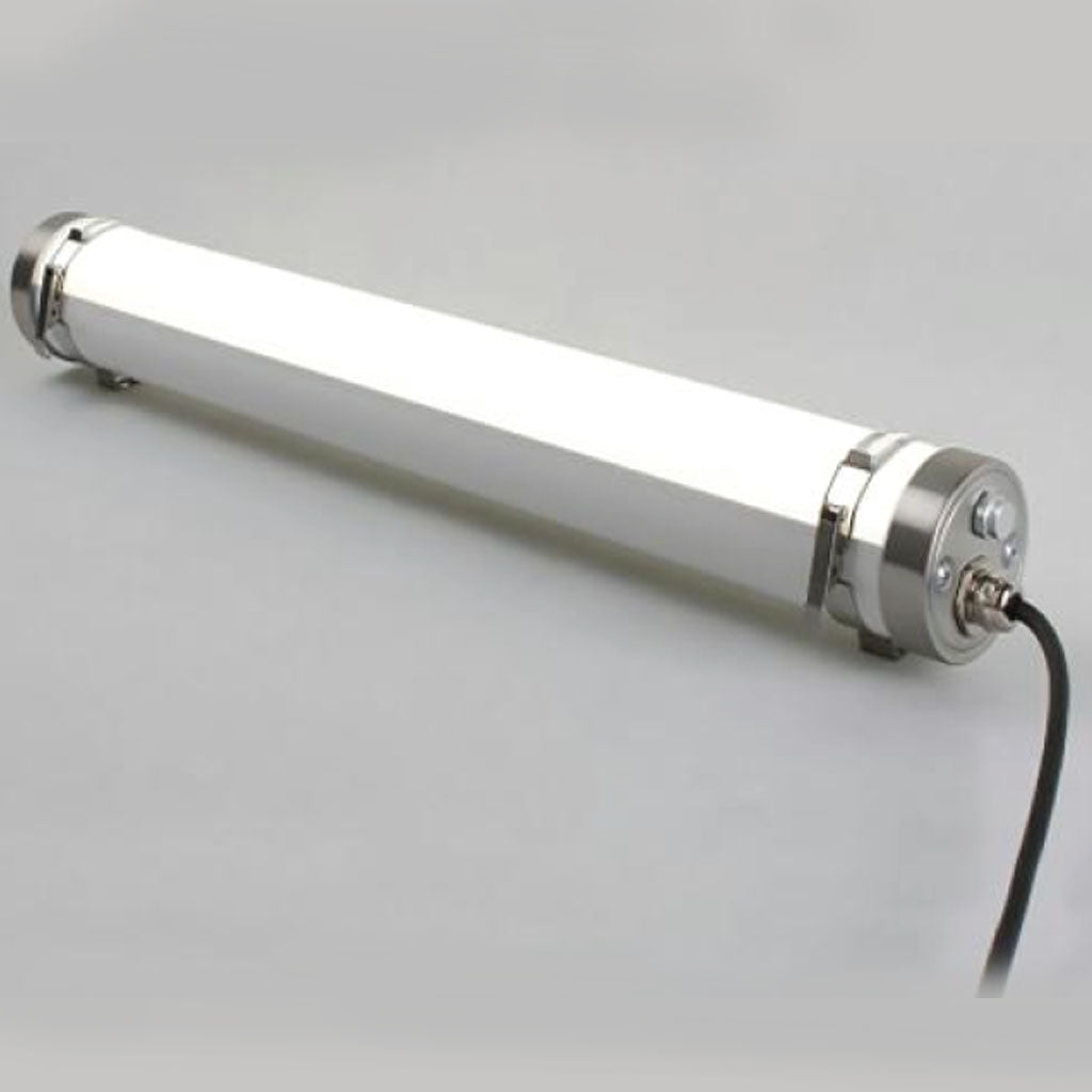 White cylindrical Tri proof LED light with metal connectors on a white background LED ON