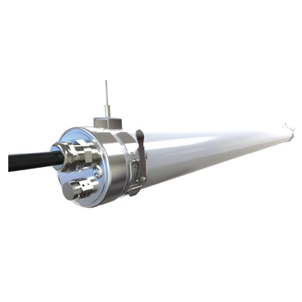 White cylindrical Tri proof LED light with metal connectors on a white background with hanging hardware