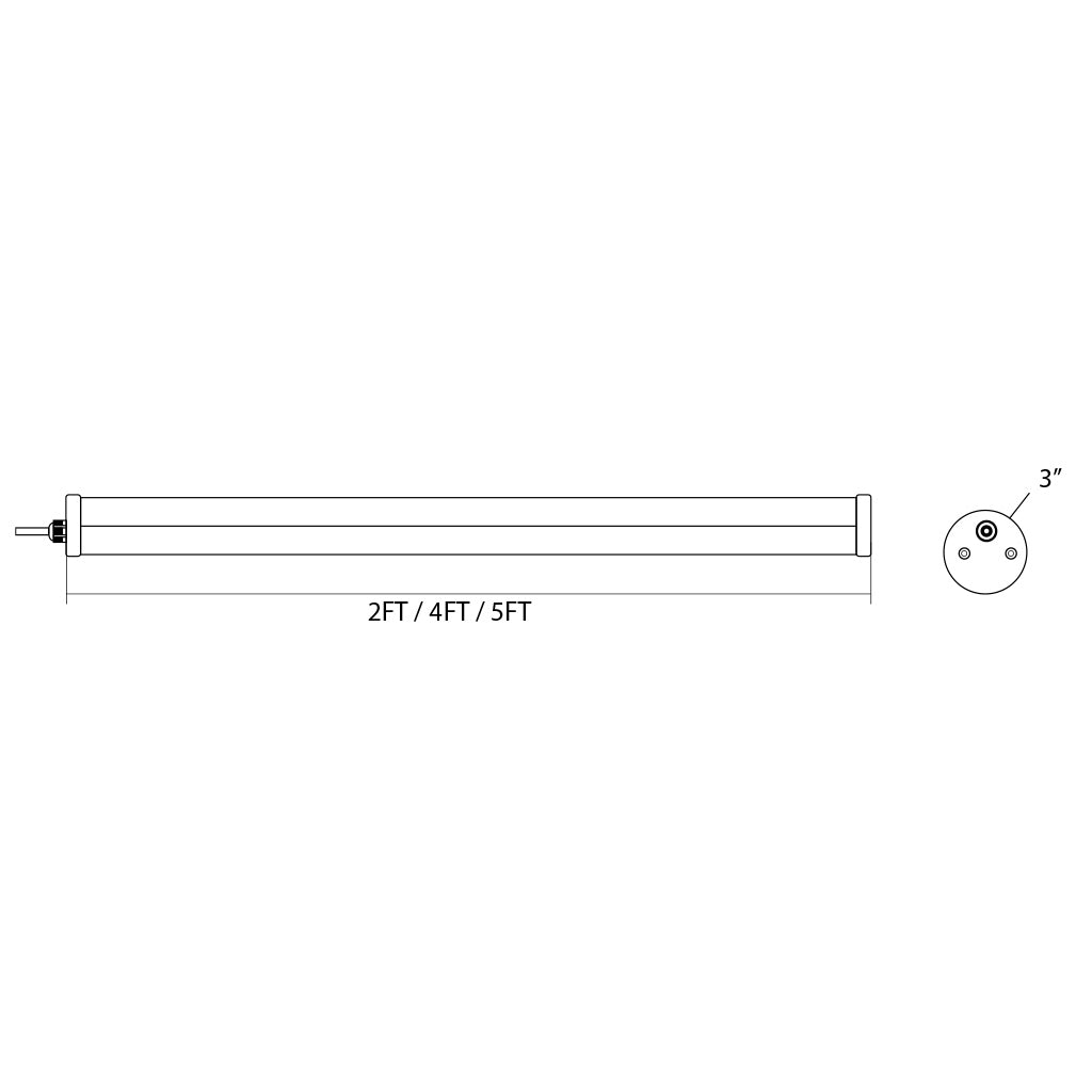 Technical drawing of Plash Tri-proof LED light with dimensions labeled