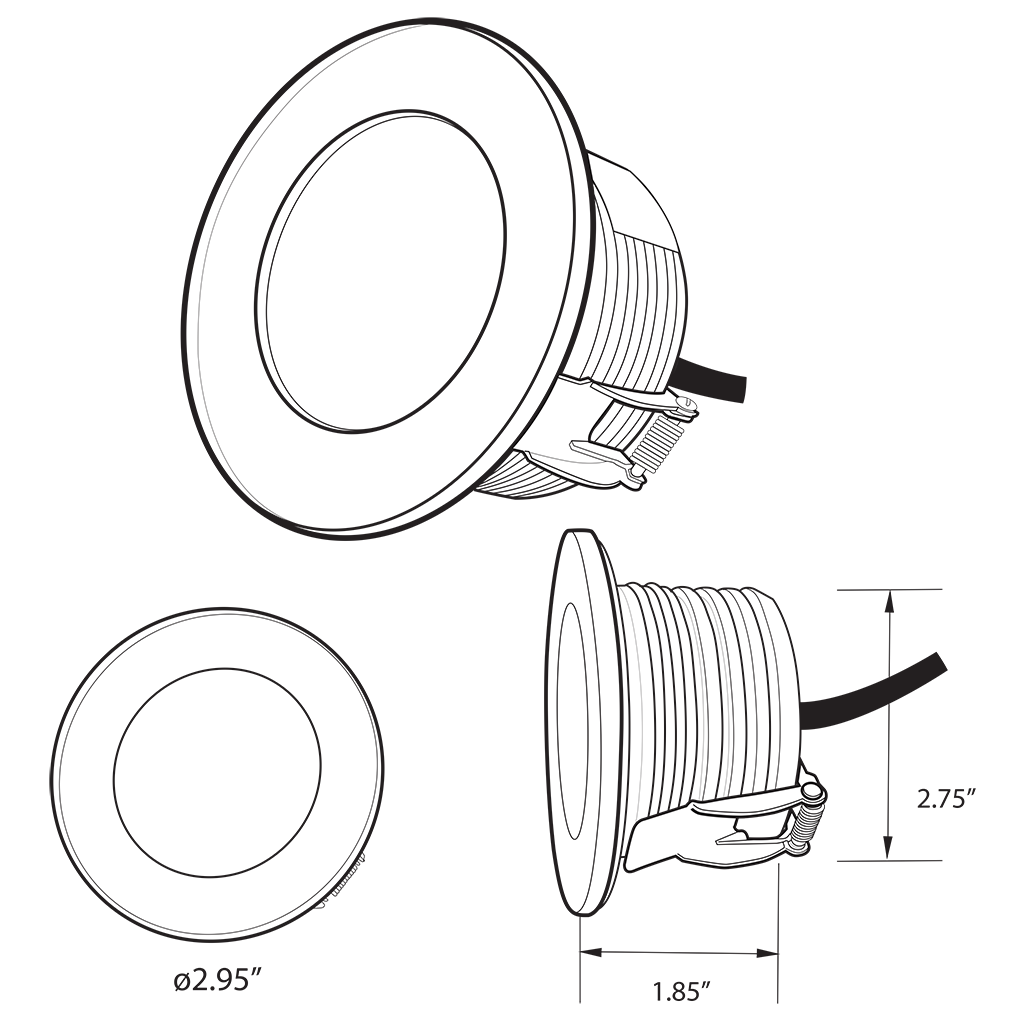 Technical drawing of a recessed marine LED lighting fixture with Plash branding describing dimensions on a white background