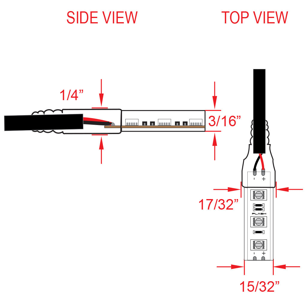 Technical diagram showing side and top views of PLASH waterproof LED flexible light strips with measurements on white background.