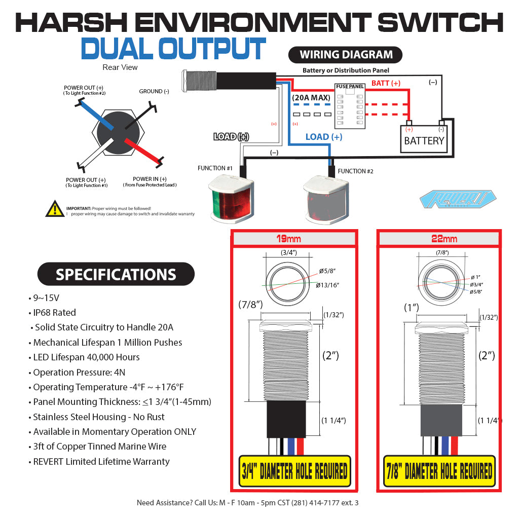 REVERT Dual Output Marine Push Buttons Wiring Diagram