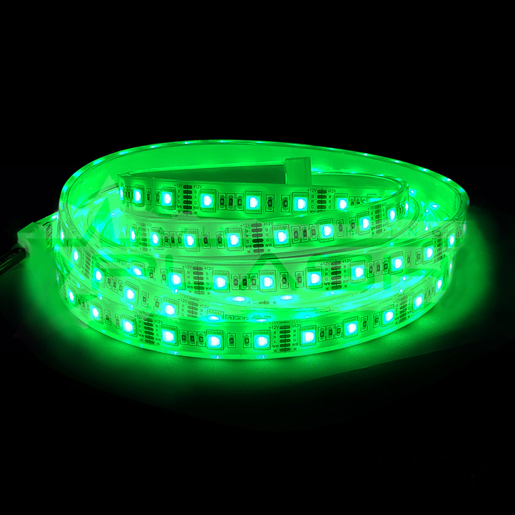 Green RGB CCT LED flexible strip light on a black background