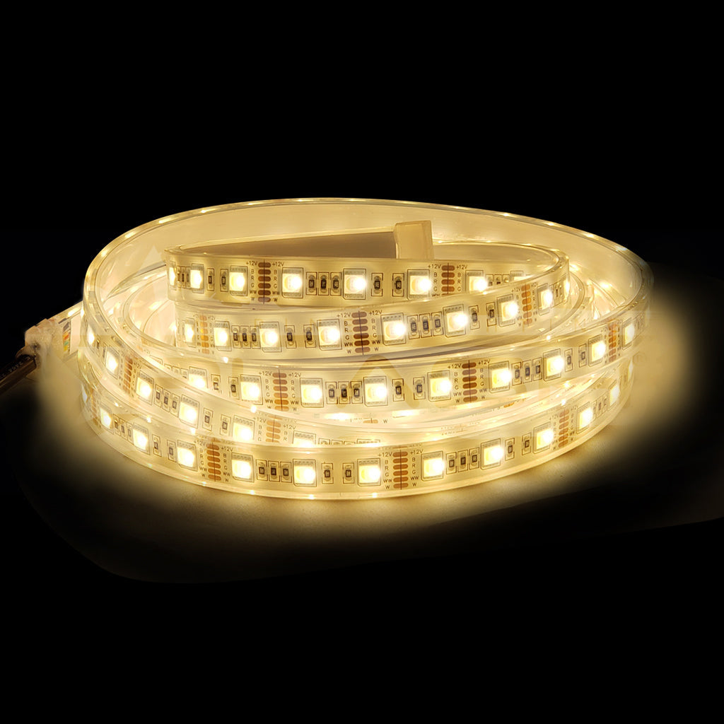 Warm White RGB CCT LED flexible strip light on a black background