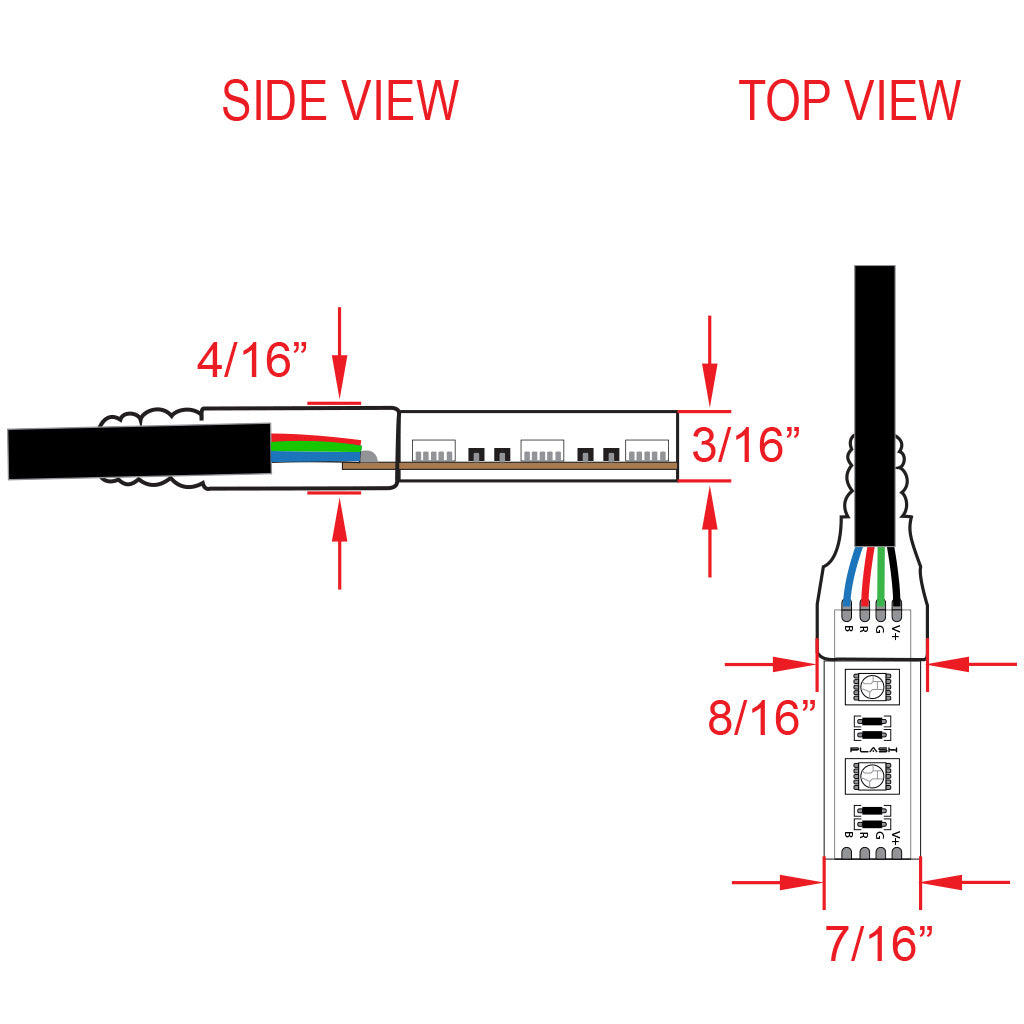 Diagram showing side and top views of waterproof LED flexible light strip dimensions on white background.