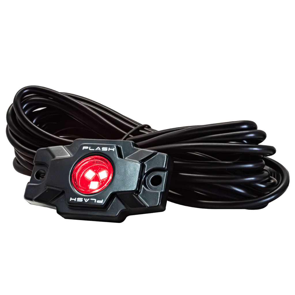 A black Plash Branded LED Rock light with a coiled black cable, shown with its LED lights illuminated, scrolling colors on a solid white background.