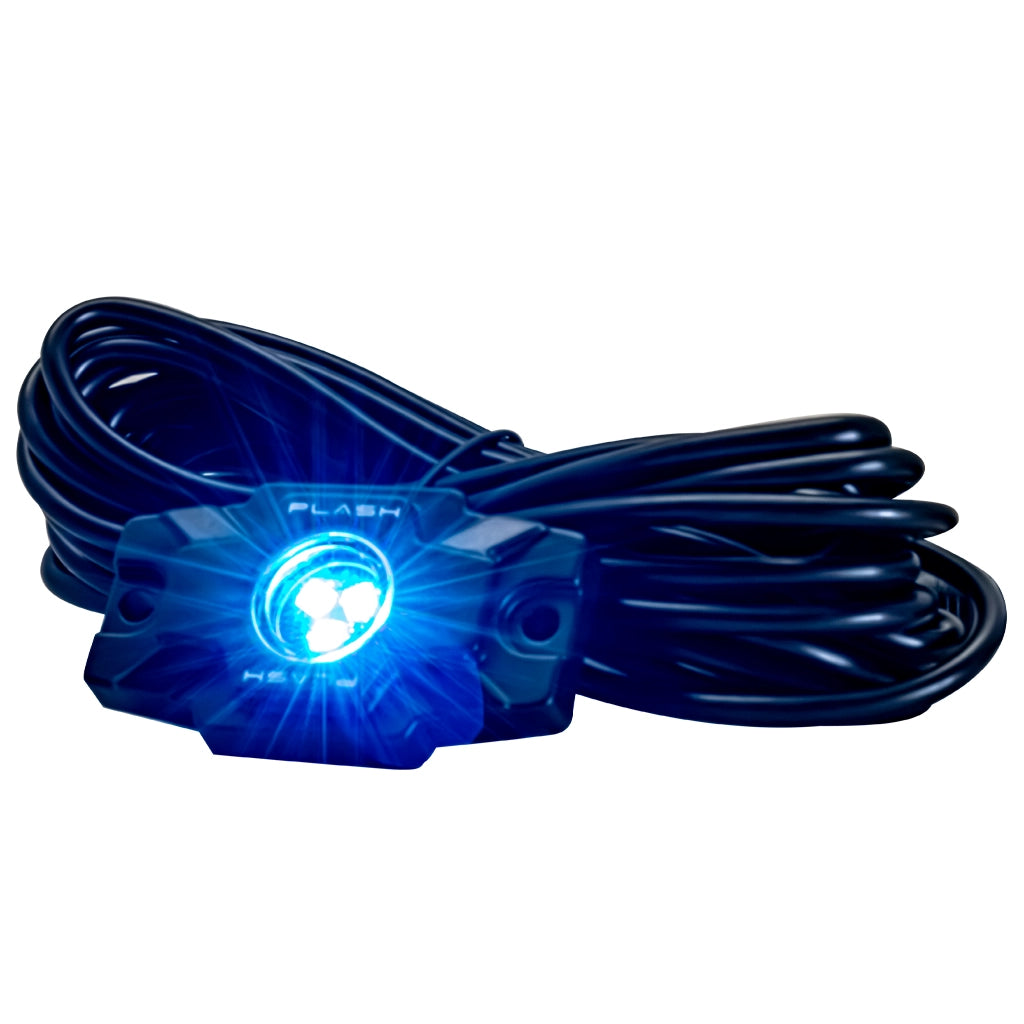 A black Plash Branded LED Rock light with a coiled black cable, shown with its blue LED lights illuminated, on a solid white background.