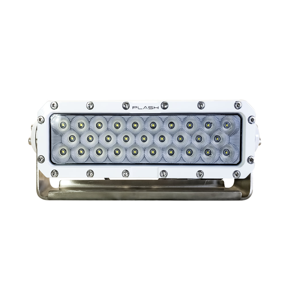 A Plash Surge Series LED light bar with a marine white housing, silver screws, and multiple circular LED chips visible through a clear front cover, shown on a plain white background.