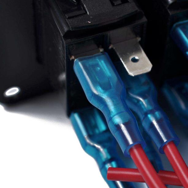 Marine Grade, 2 Gang, Rocker Switches, Waterproof, Aluminum Faceplate, Blue LED, Close-Up Wiring Details.