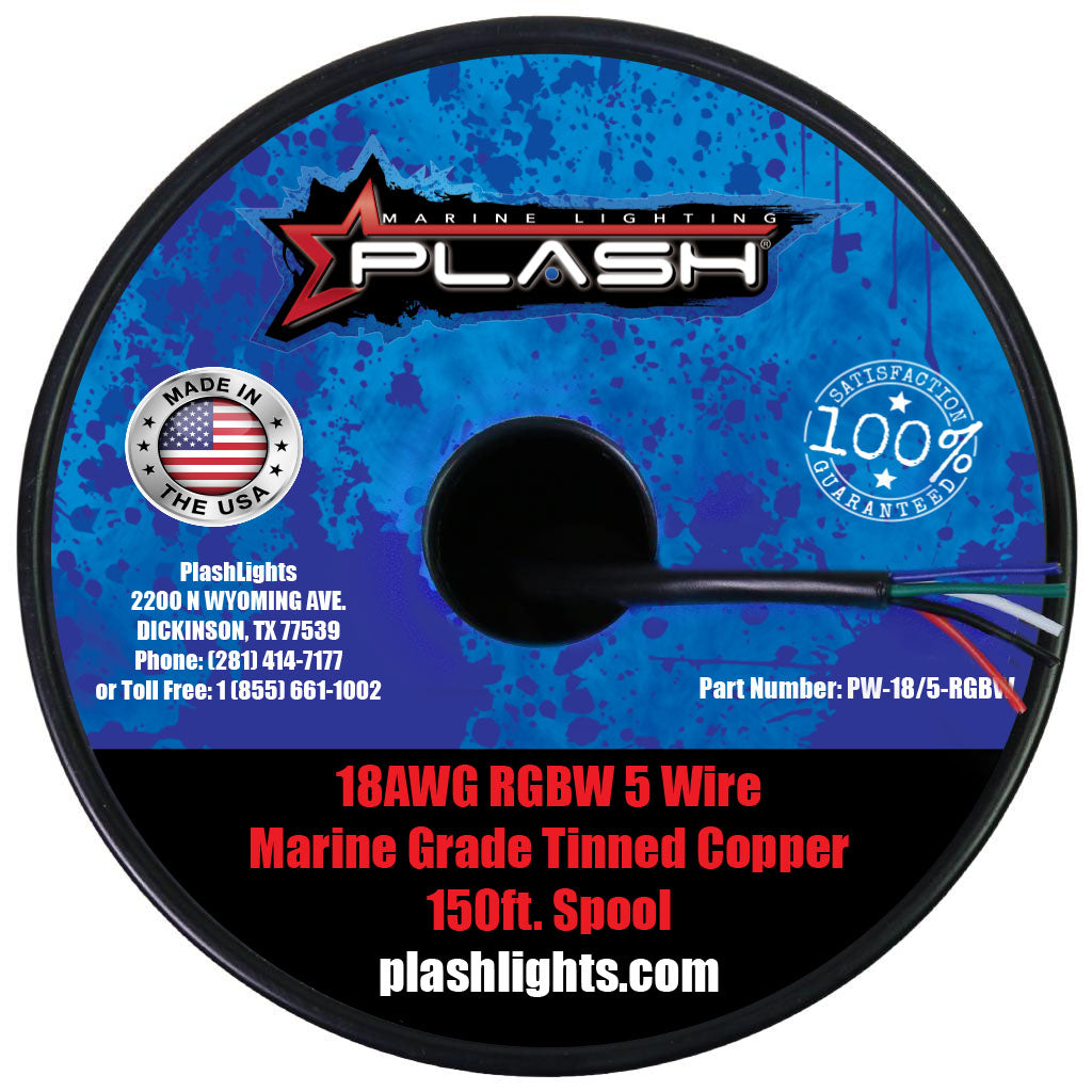 PlashLights 18AWG RGBW 5 Wire Marine Grade Tinned Copper 150ft. Spool