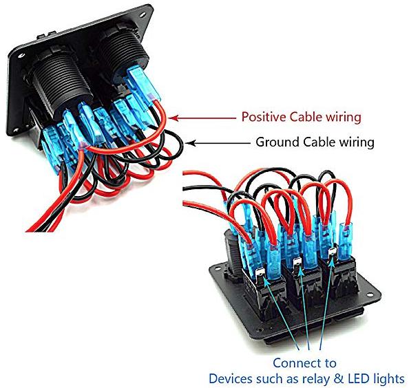 Marine Grade, 2 Gang, Rocker Switches, Waterproof, Aluminum Faceplate, Blue LED, Wiring Detail