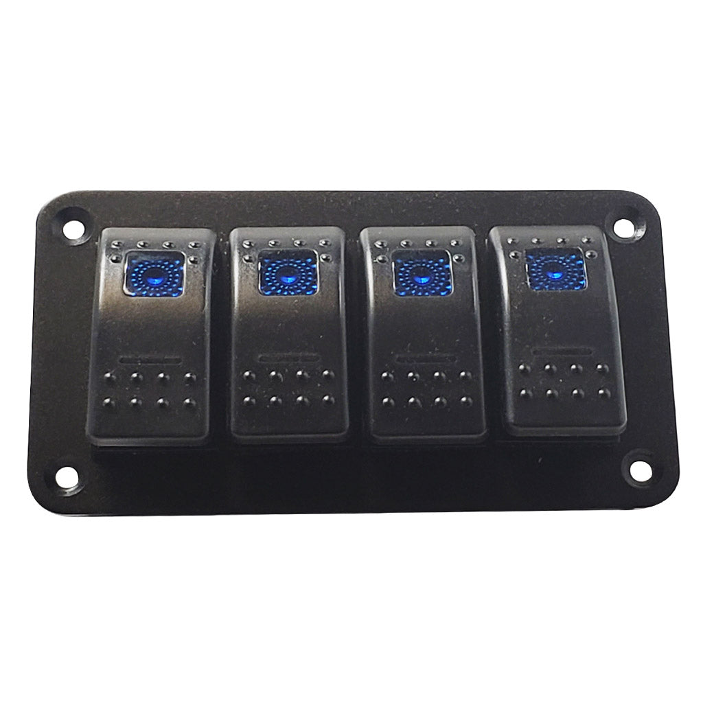 Marine Grade 4 gang Rocker Switches, Waterproof, Blue LED, Black Housing, Aluminum Faceplate.