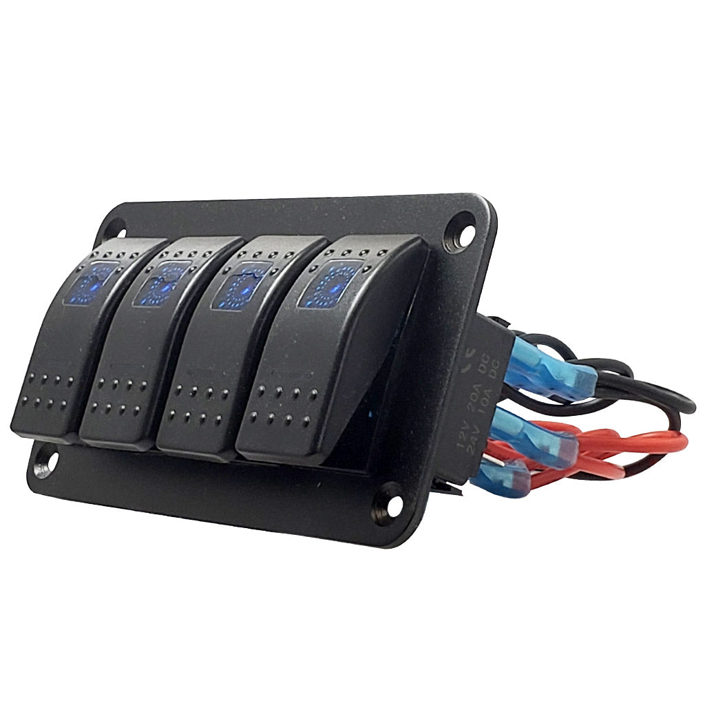 Marine Grade 4 gang Rocker Switches, Waterproof, Blue LED, Black Housing, Aluminum Faceplate. Quarter View