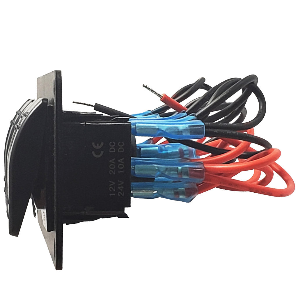 Marine grade 4 gang rocker switch with Dual USB charger centered, Blue LED, Pre-Wired, Aluminum Faceplate, Side View