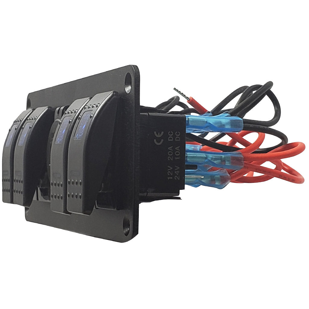 Marine grade 4 gang rocker switch with Dual USB charger centered, Blue LED, Pre-Wired, Aluminum Faceplate, Wires in view