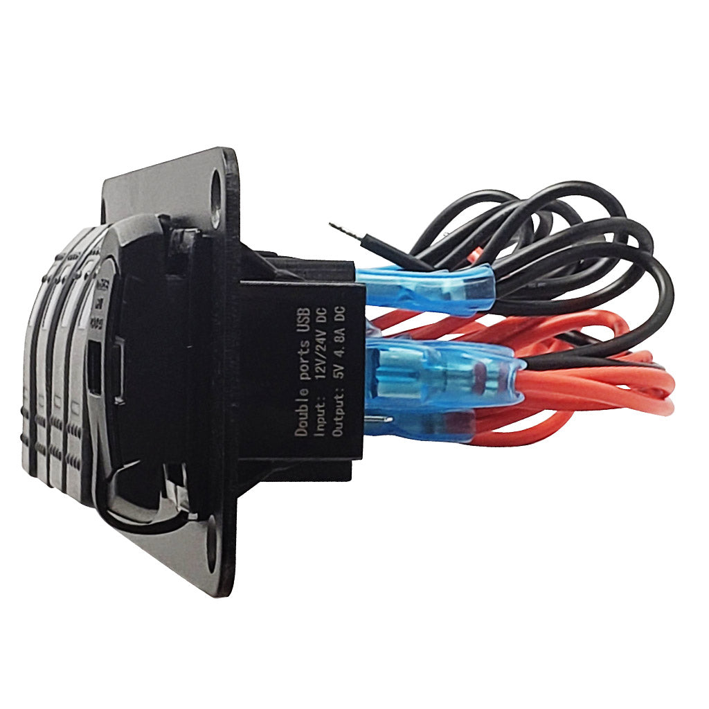Marine grade 5 gang rocker switch with Dual USB charger at Right, Blue LED, Pre-Wired, Aluminum Faceplate, View of Wiring