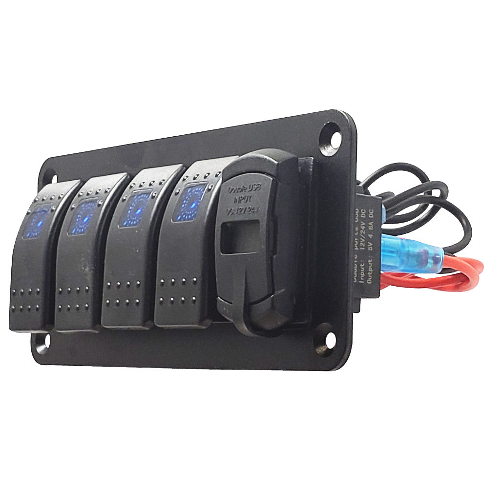 Marine grade 5 gang rocker switch with Dual USB charger at Right, Blue LED, Pre-Wired, Aluminum Faceplate, Quarter View