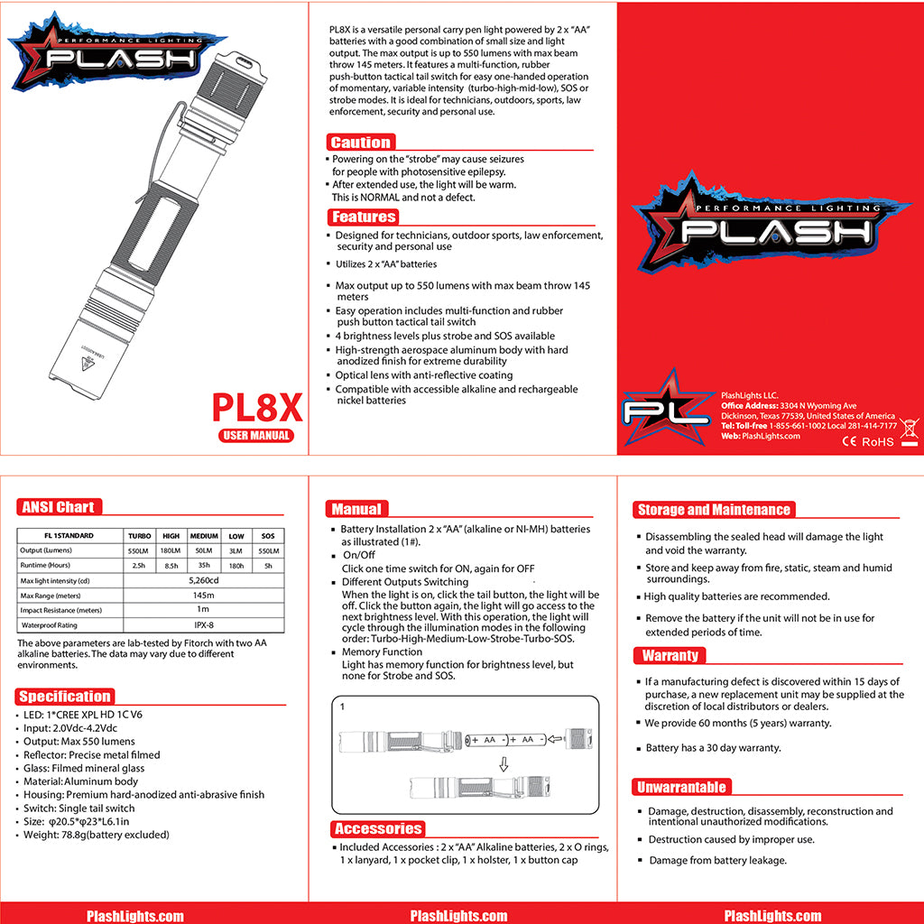 PL8X LED FLASHLIGHT INSTRUCTION SHEET