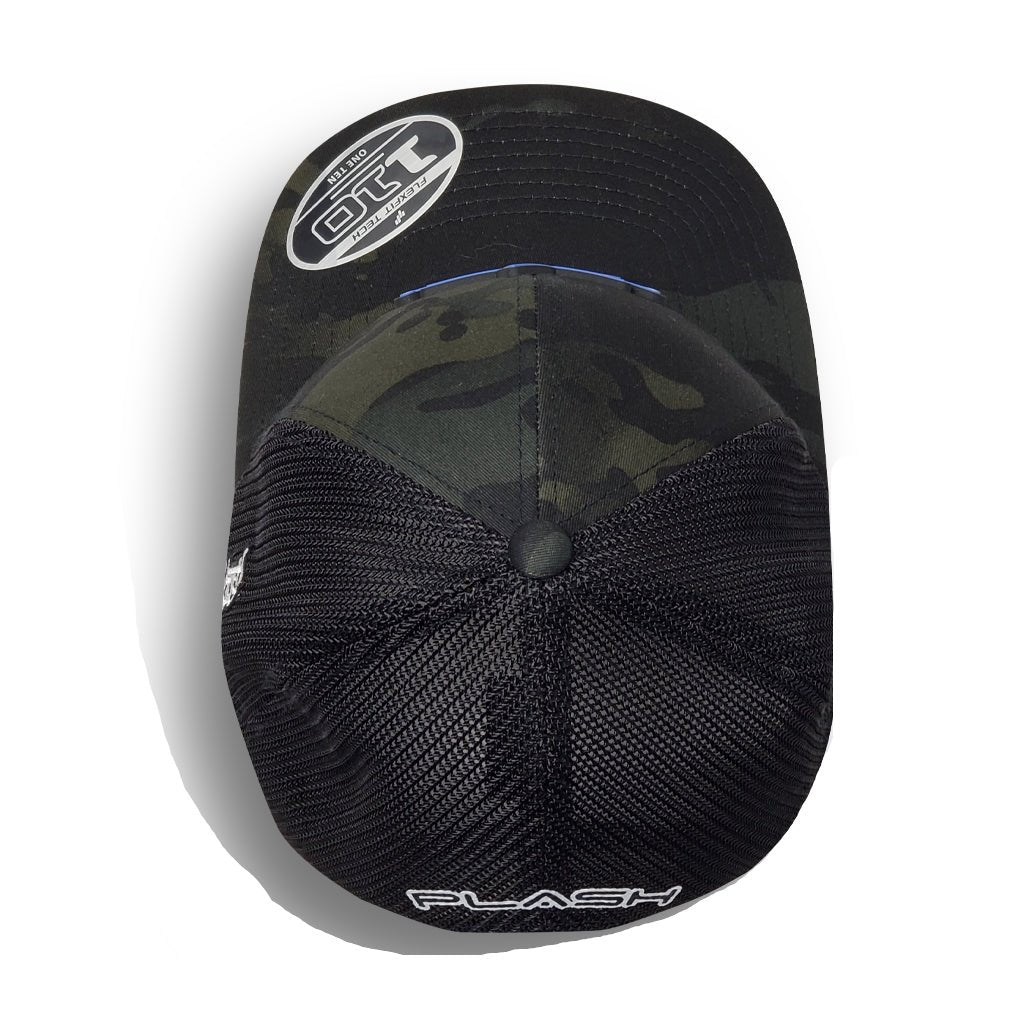 PLASH Curved bill Snap-Back Black Camo front of Hat Marine Lighting