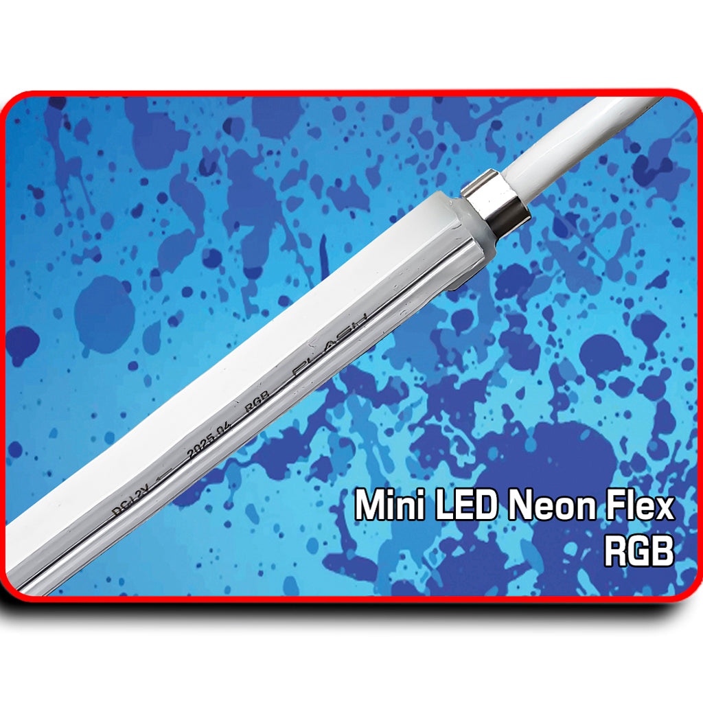 Mini LED Neon Flex RGB for Fast Flag light on a blue splatter background