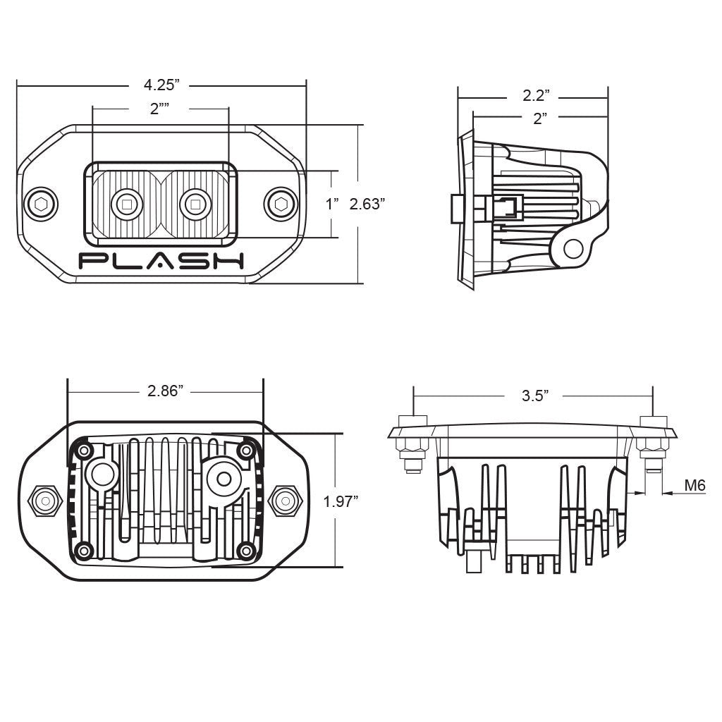 Technical drawing and dimensions of a LED flush mounted low profile light with PLASH branding on a white background