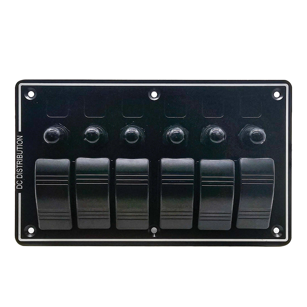 Black switch panel with six toggle switches on a white background